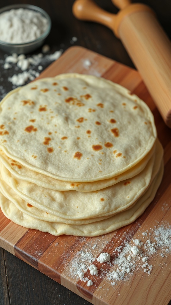 Easy Homemade Tortillas Recipe Freshly made tortillas stacked on a cutting board, with flour and a rolling pin.